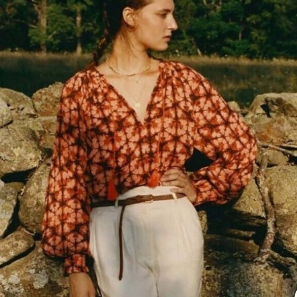 Anthropologie Porridge Clothing Elizabeth Orange Patterned Peasant Blouse XL